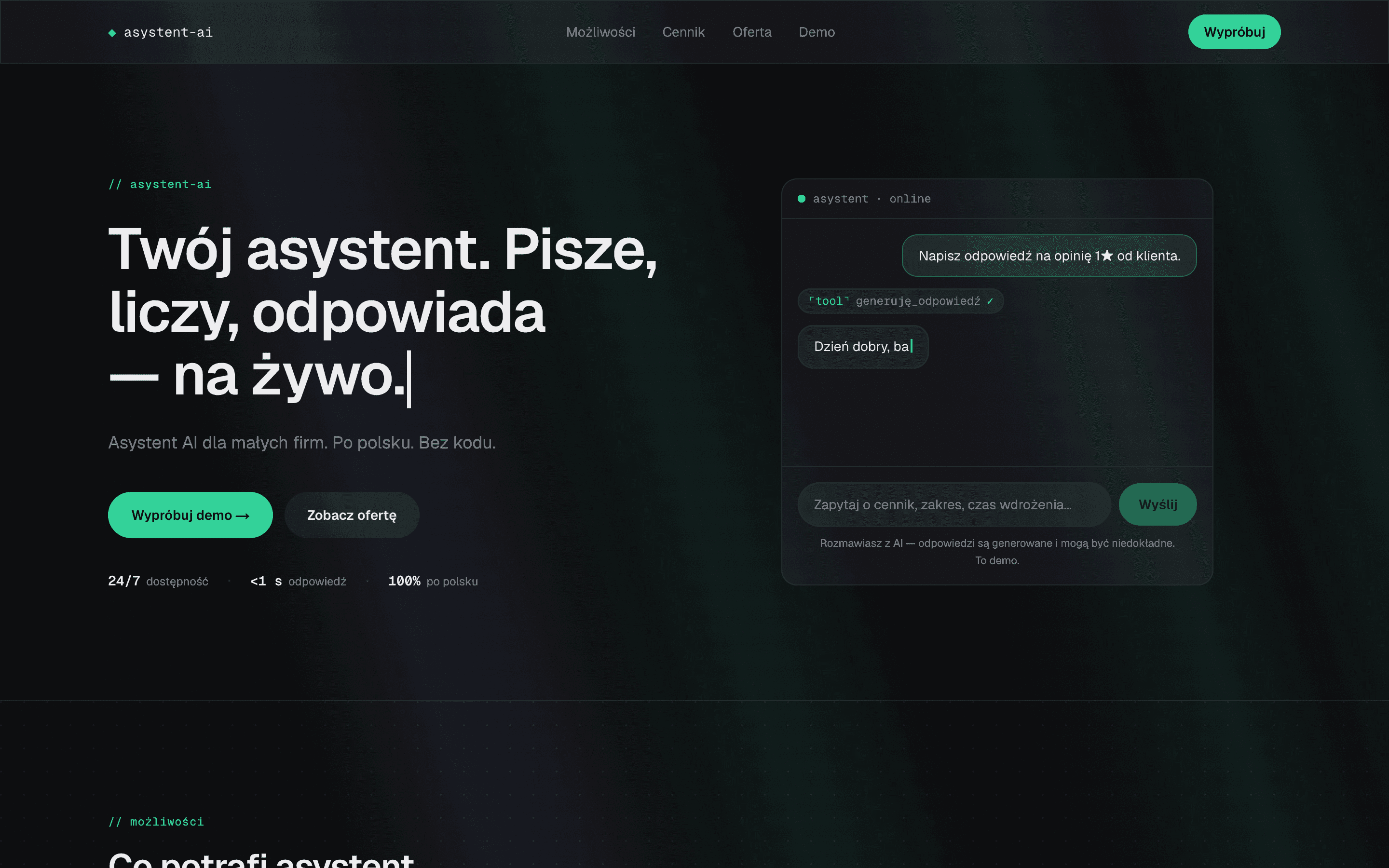 Podgląd strony Asystent AI dla firmy